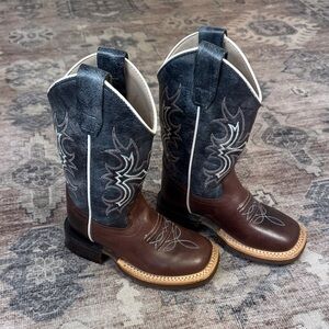 Old West Kids Boots in Brown and Blue with rounded square toe
